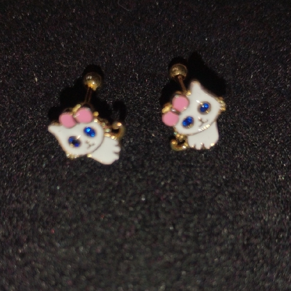 Cute Cat Earrings with Pink and Blue Accents - Picture 1 of 3
